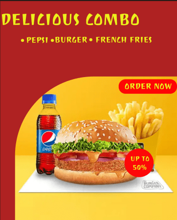 Image Containing A Banner Which Shows The Offer On Pepsi, Burger and French Fries